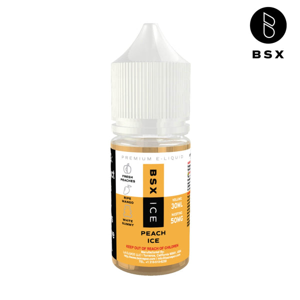 Peach ICE SALT e-liquid by BSX Vapor in a 30mL bottle, featuring a refreshing peach and cool mint flavor.