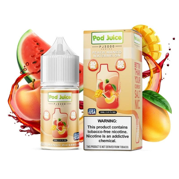 Peach, mango, and watermelon flavored Salt Nicotine E-liquid by Pod Juice in 30mL bottle.