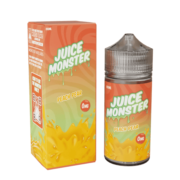 Juice Monster Peach Pear e-liquid bottle, 100mL, with colorful label featuring peaches and pears for vaping.