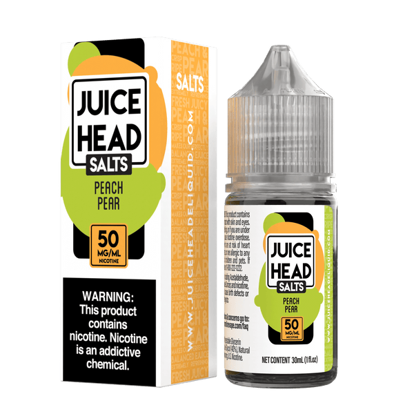 Juice Head Peach Pear Salt E-liquid bottle, 30mL, featuring a peach and pear flavor for vaping.