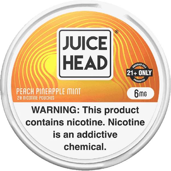 Juice Head Peach Pineapple Mint nicotine pouch pack with 20 pouches, featuring fresh peach, pineapple, and mint flavor.