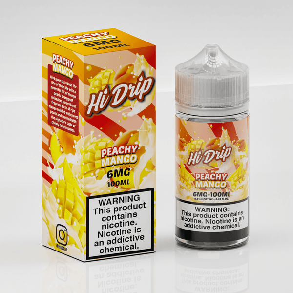 Peachy Mango Hi Drip 100mL e-liquid bottle with vibrant peach and mango flavor labels on a clear bottle.