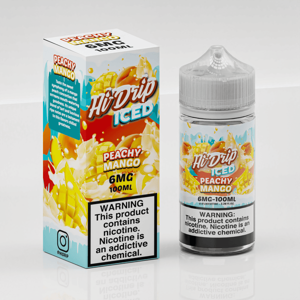 Peachy Mango Iced Hi Drip e-liquid 100ml bottle featuring a vibrant label with peaches and mangoes and icy flavor accents.