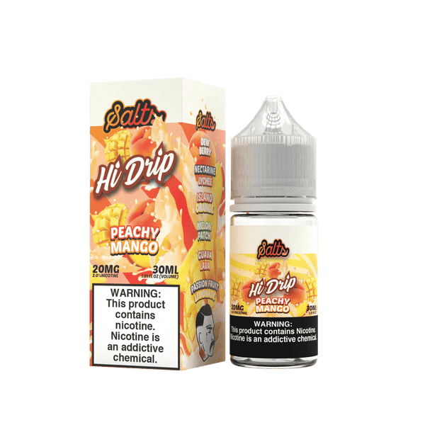 Peachy Mango SALT e-liquid by Hi Drip in a 30mL bottle, featuring a peach and mango flavor blend for vaping.
