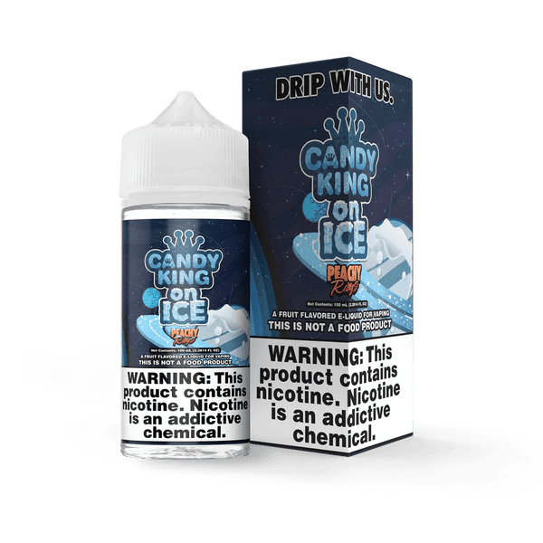 Peachy Rings on ICE e-liquid by Candy King, 100mL bottle with vibrant peach and icy menthol flavor design.