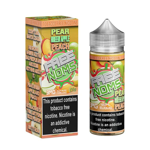 Bottle of Nomenon E-Liquids Pear Green Apple Peach flavor, 120mL, showcasing the colorful label and the fruit flavors inside.