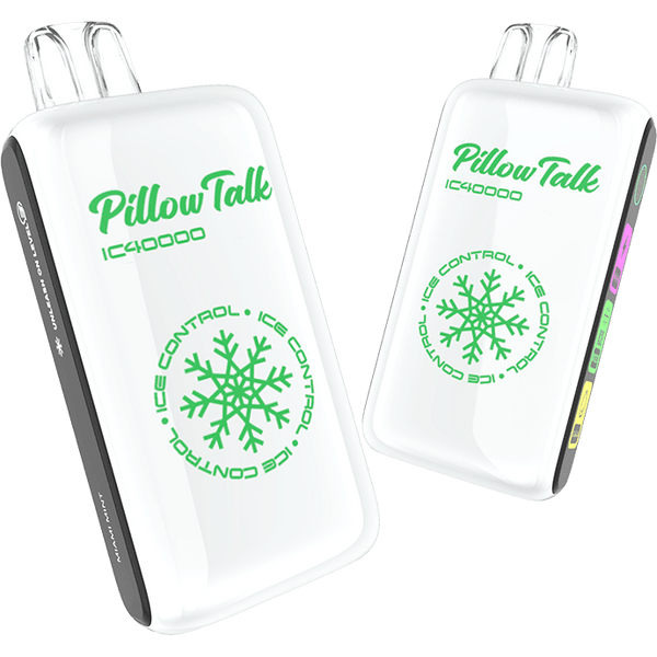 Pillow Talk IC40000 Ice Controllable Disposable Vape with 5% nicotine, compact device in hand showing product details.