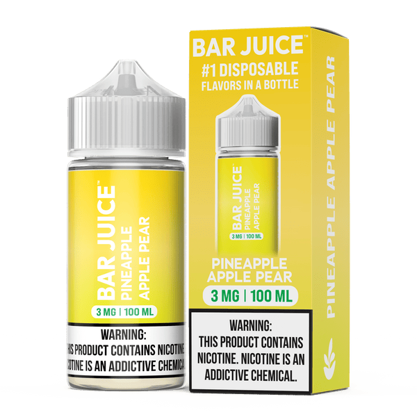 Pineapple, apple, and pear flavored Bar Juice e-liquid in a 100mL bottle with vibrant fruit illustrations.
