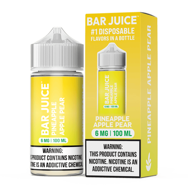 Pineapple, apple, and pear flavored Bar Juice e-liquid in a 100mL bottle with vibrant fruit illustrations.