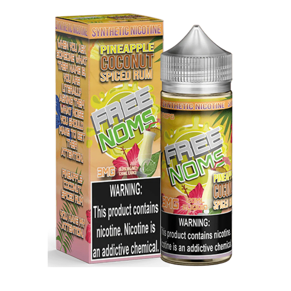 Bottle of Nomenon E-Liquids Pineapple Coconut Spiced Rum flavor, 120mL e-liquid with tropical fruit and spice notes.