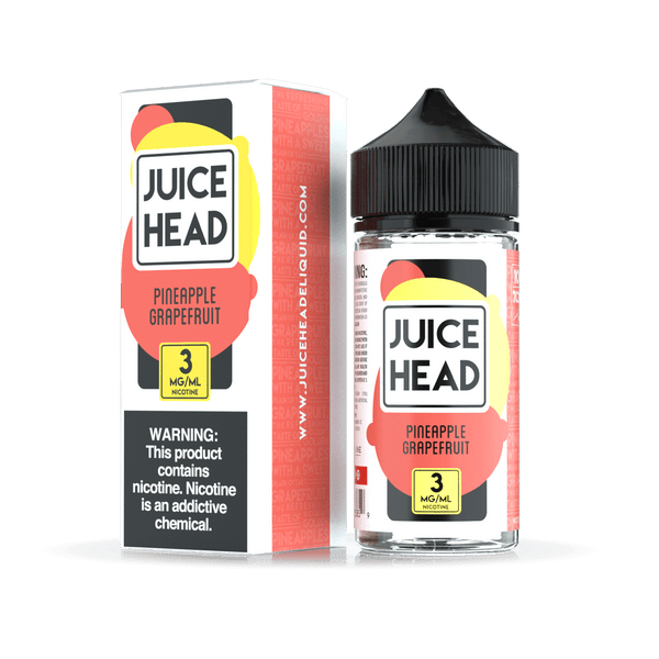 Pineapple and grapefruit flavored Juice Head e-liquid bottle, 100mL, with vibrant pineapple and grapefruit illustrations on the label.