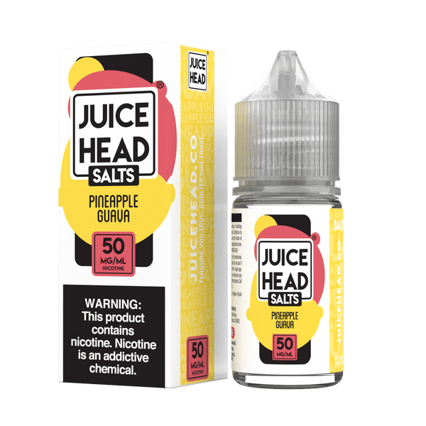 Juice Head Pineapple Guava Salt E-liquid bottle, 30mL, with vibrant pineapple and guava flavor imagery.