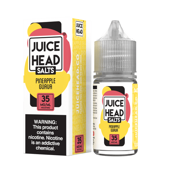 Juice Head Pineapple Guava Salt E-liquid bottle with colorful label, 30mL, tropical fruit flavor for vaping.