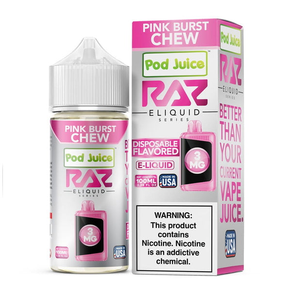 Pink Burst Chew Pod Juice e-liquid bottle, 100ml, featuring vibrant pink packaging and flavor details visible on the label.
