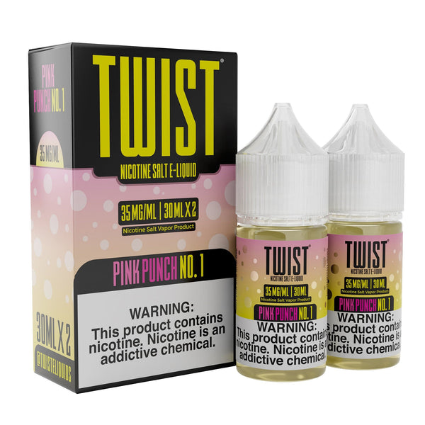 Pink Punch No. 1 Salt E-liquid by Twist E-liquids in a 60mL bottle, showcasing vibrant pink flavor and branding on the label.