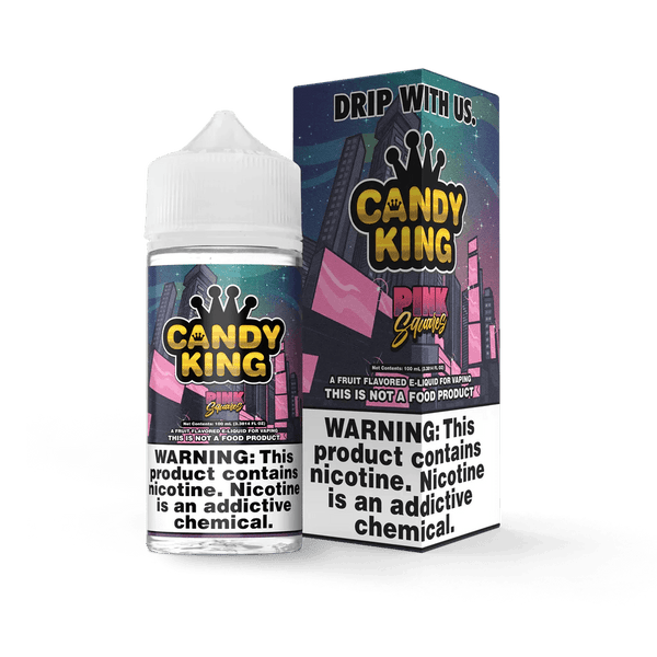 Pink Squares Candy King 100mL e-liquid bottle with vibrant pink and white packaging, showcasing the colorful candy-themed design.