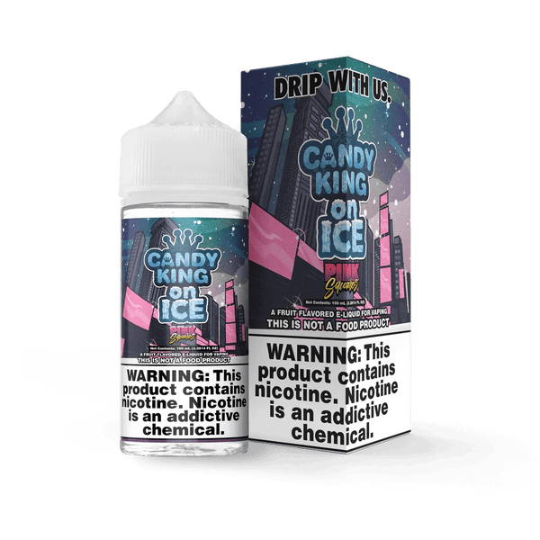 Pink squares on Candy King on ICE e-liquid bottle, 100mL, featuring bright pink design with icy, cool branding elements.