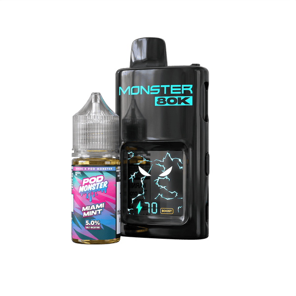 Pod Monster X Smok 80K refillable disposable vape device with sleek design and clear mouthpiece for easy vaping.
