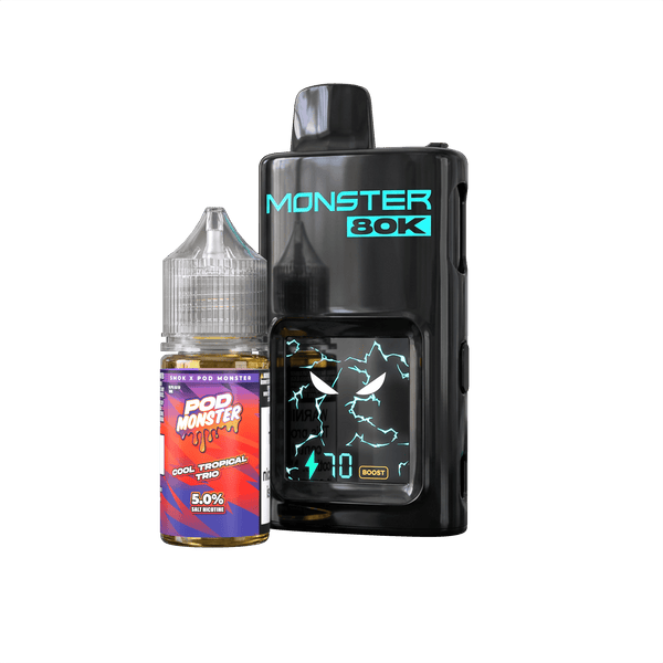 Pod Monster X Smok 80K refillable disposable vape device with sleek design and adjustable airflow.