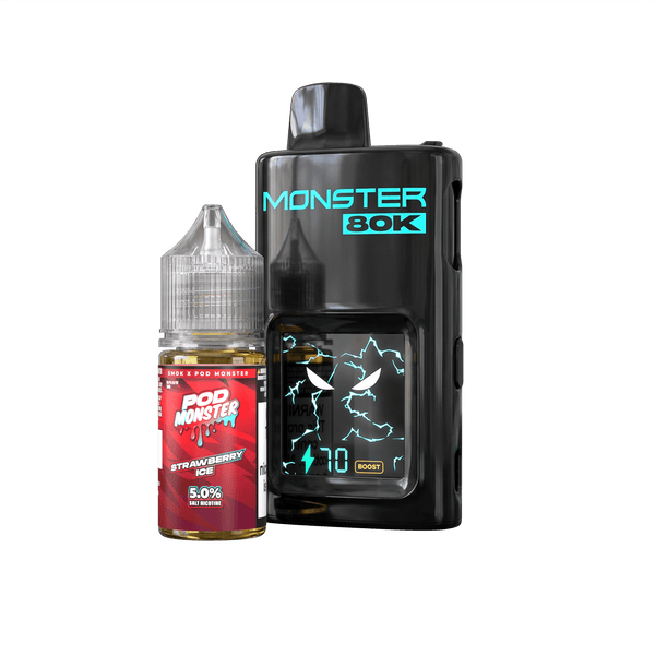 Pod Monster X Smok 80K refillable disposable vape, sleek design with mouthpiece and branding visible.