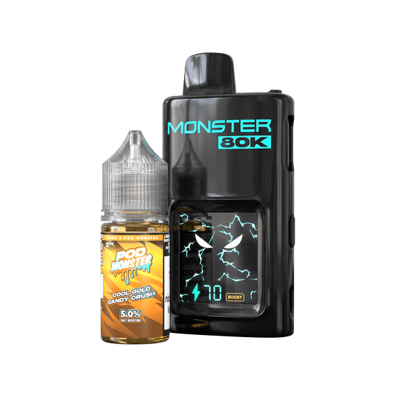 Pod Monster X Smok 80K refillable disposable vape device with sleek design and clear mouthpiece.