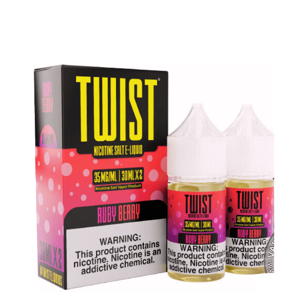 E-liquid bottle labeled Pom Berry Mix Ruby Berry Salt by Twist E-liquids, 60mL flavor with mixed berry and fruit notes