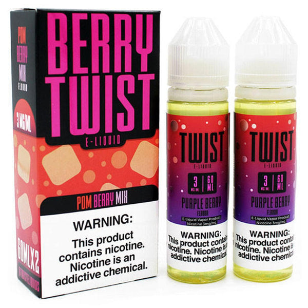 Bottle of Twist E-liquids Pom Berry Mix and Ruby Berry flavor e-liquid in a 120mL bottle with colorful label.