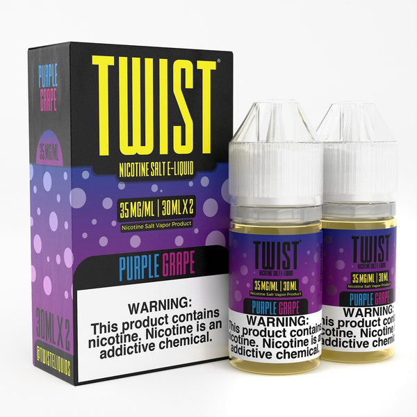 Purple Grape Salt E-liquid by Twist E-liquids in a 60mL bottle showing the colorful label and packaging.