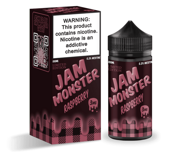 Raspberry Jam Monster E-Liquid bottle, 100mL size, with bright raspberry flavor label and colorful packaging.