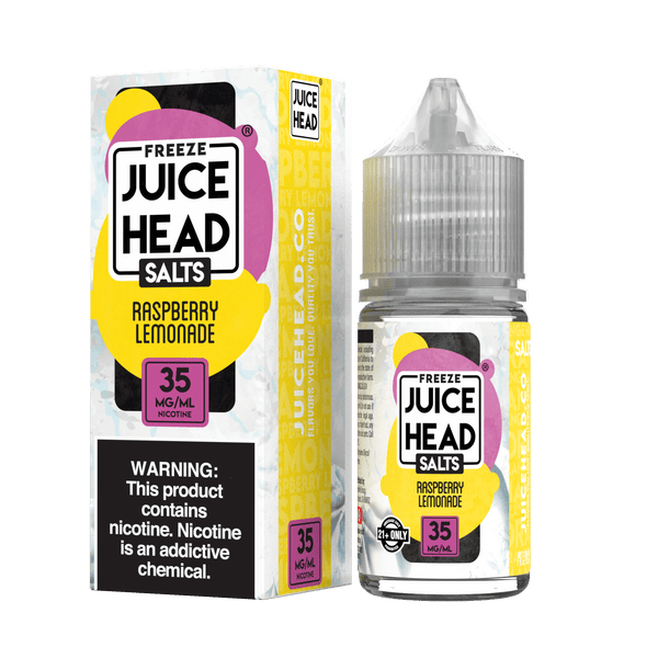 Juice Head Raspberry Lemonade Freeze e-liquid bottle, 30mL, with colorful label featuring raspberries and lemons for vaping.