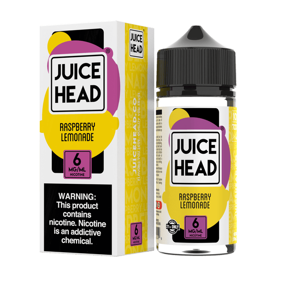 Juice Head Raspberry Lemonade e-liquid bottle, 100mL, featuring a vibrant label with raspberries and lemons for vaping enthusiasts.