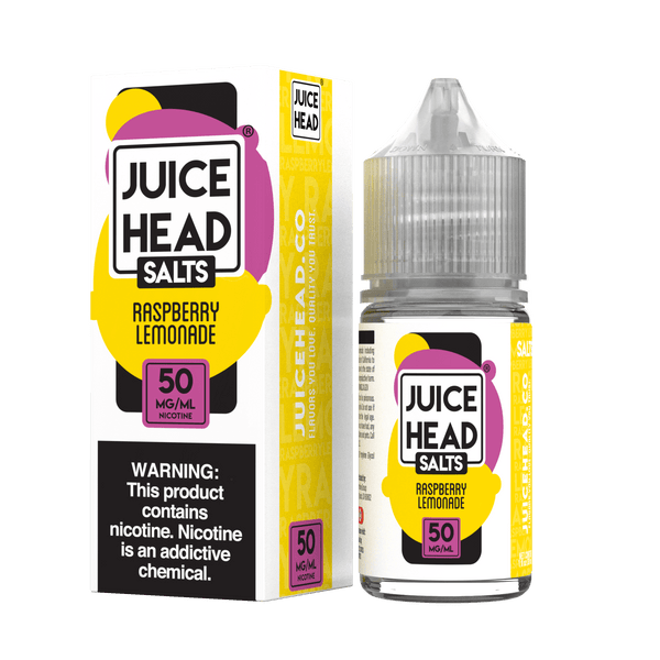 Bottle of Juice Head Raspberry Lemonade E-liquid Salt Nicotine 30mL with colorful raspberry and lemon flavor design