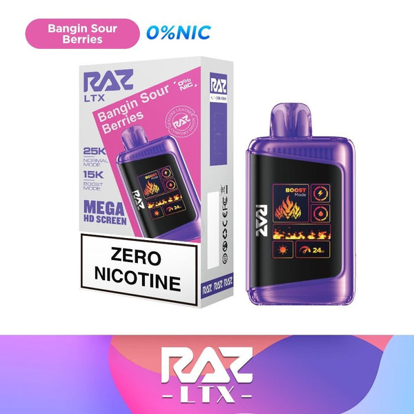 RAZ LTX 25000 Zero Nicotine Disposable Vape, sleek black vape device with compact design and branding visible.