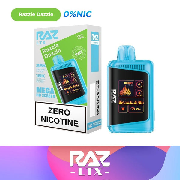 RAZ LTX 25000 Zero Nicotine Disposable Vape in sleek design, featuring a compact, portable vape device with minimal branding.