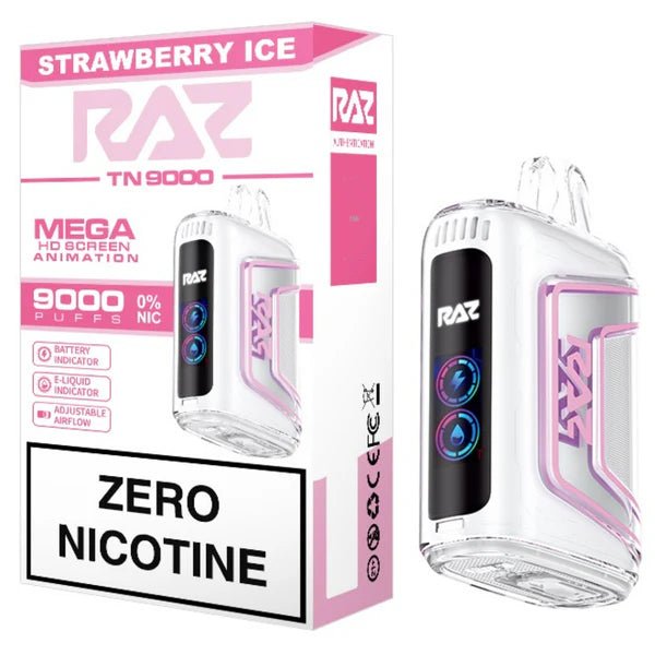 RAZ TN9000 Zero Nicotine Disposable Vape showing sleek black design and mouthpiece, designed for nicotine-free vaping.