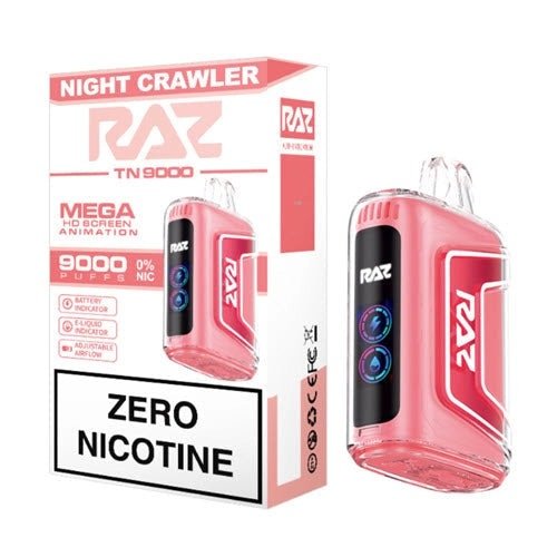 RAZ TN9000 Zero Nicotine Disposable Vape in sleek design, showcasing the vape device with branding and mouthpiece visible.