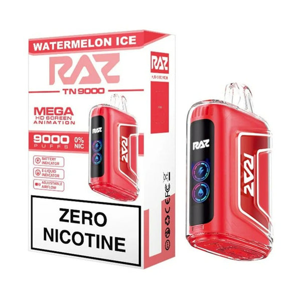 RAZ TN9000 Zero Nicotine disposable vape device with sleek design and mouthpiece, suitable for nicotine-free vaping.