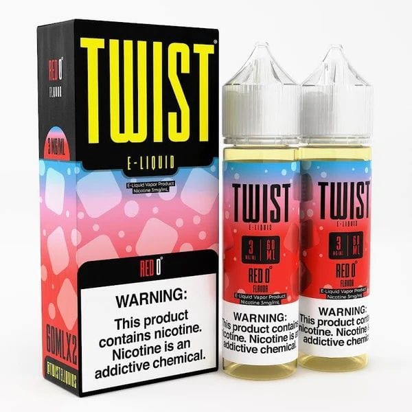 Red 0° Twist E-Liquids e-liquid bottle, 120mL with vibrant red packaging and clear label, for vaping enthusiasts.