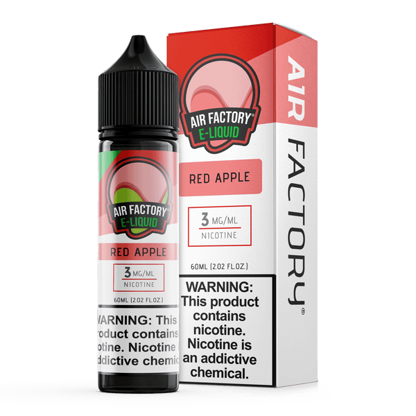 Red apple flavored E-liquid by Air Factory shown in a 60mL bottle, with bright red apple imagery on the label.