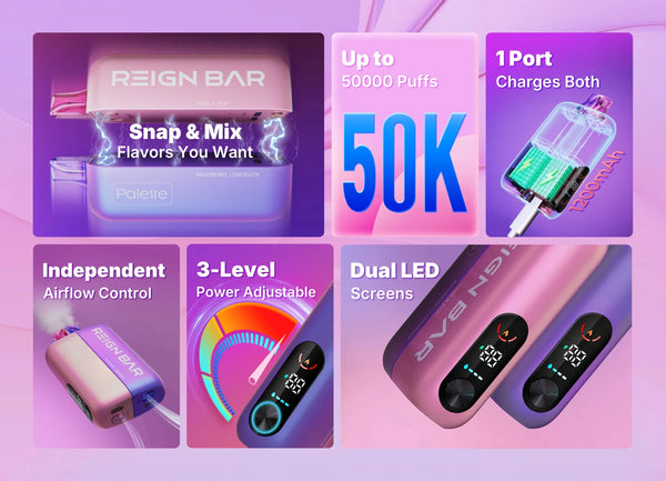 REIGN BAR Palette 50K disposable vape device with sleek design and colorful branding, ready for vaping.