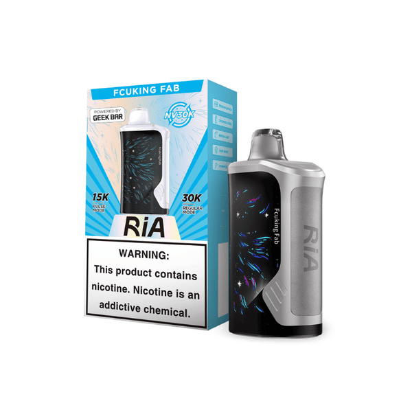 Geek Bar RIA NV30K disposable vape with sleek design and 30,000 puffs, featuring colorful branding and user-friendly mouthpiece.