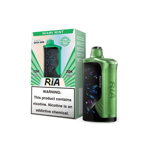 Geek Bar RIA NV30K disposable vape with sleek design and 30,000 puffs, featuring a compact, portable vaporizer for on-the-go vaping.