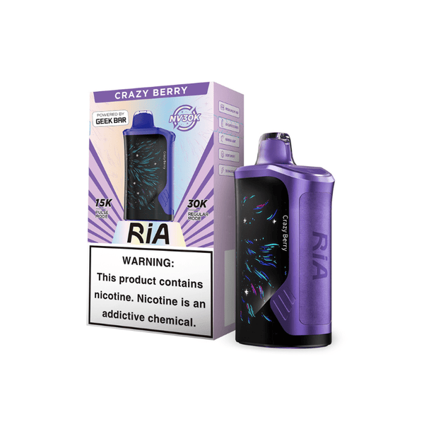 Geek Bar RIA NV30K disposable vape with colorful design and 30,000 puffs, featuring a sleek, portable vape device.