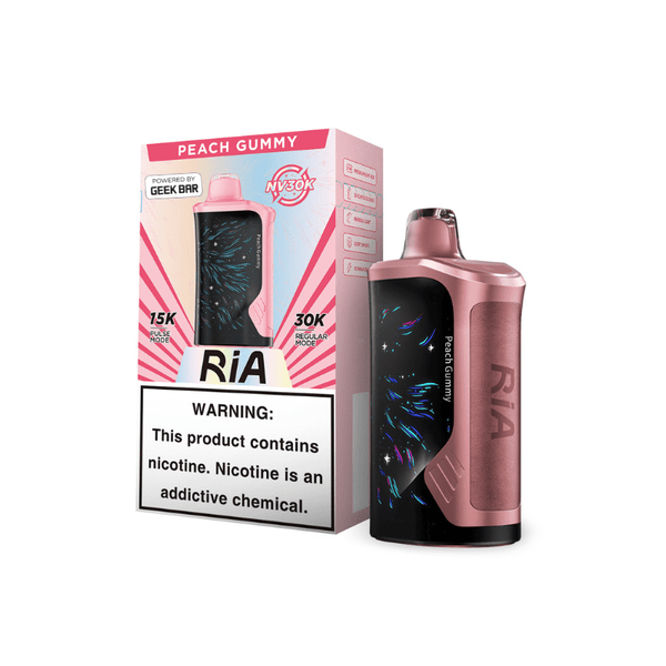 Geek Bar RIA NV30K disposable vape with colorful design and mouthpiece, showcasing its compact, portable shape and branding.