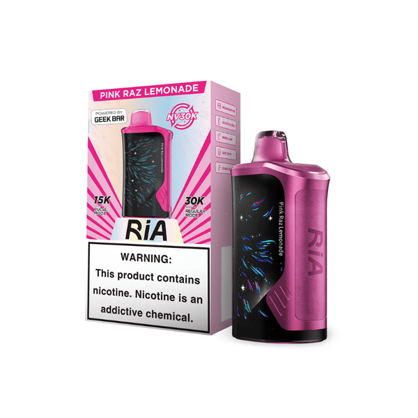 Geek Bar RIA NV30K disposable vape with colorful design and transparent body showing e-liquid inside.