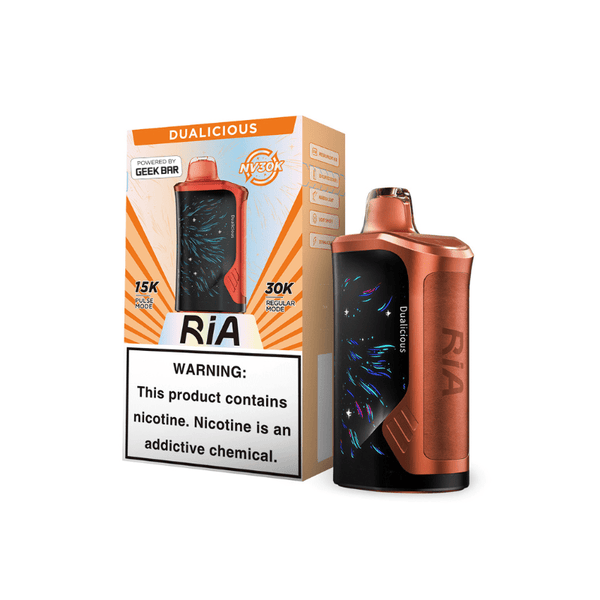 Geek Bar RIA NV30K disposable vape with 30,000 puffs, compact design, and sleek branding, perfect for on-the-go vaping.