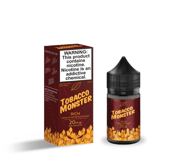 Rich SALT Tobacco Monster e-liquid bottle, 30mL, with tobacco flavor label and eye-catching design.