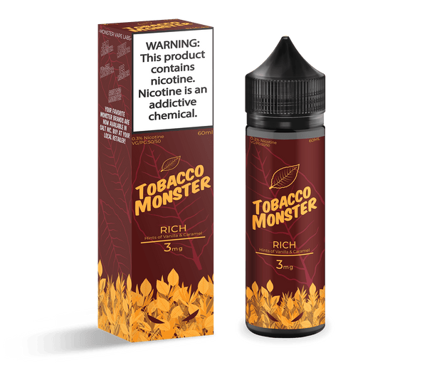 Rich Tobacco Monster e-liquid bottle, 100mL with dark tobacco flavor and detailed branding label.