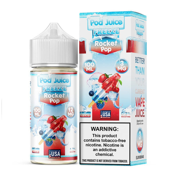 Bottle of Rocket Pop FREEZE e-liquid by Pod Juice, 100mL, with vibrant rocket pop flavor and colorful packaging.