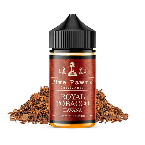 Royal Tobacco e-liquid by Five Pawns featuring a 60mL bottle with a dark tobacco flavor label.